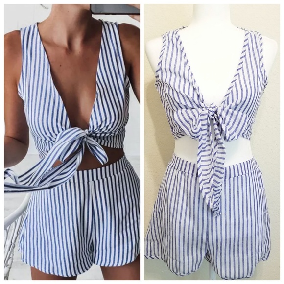 Pants - LAST 1 Striped 2 Pc Summer Top Front Tie & Shorts
